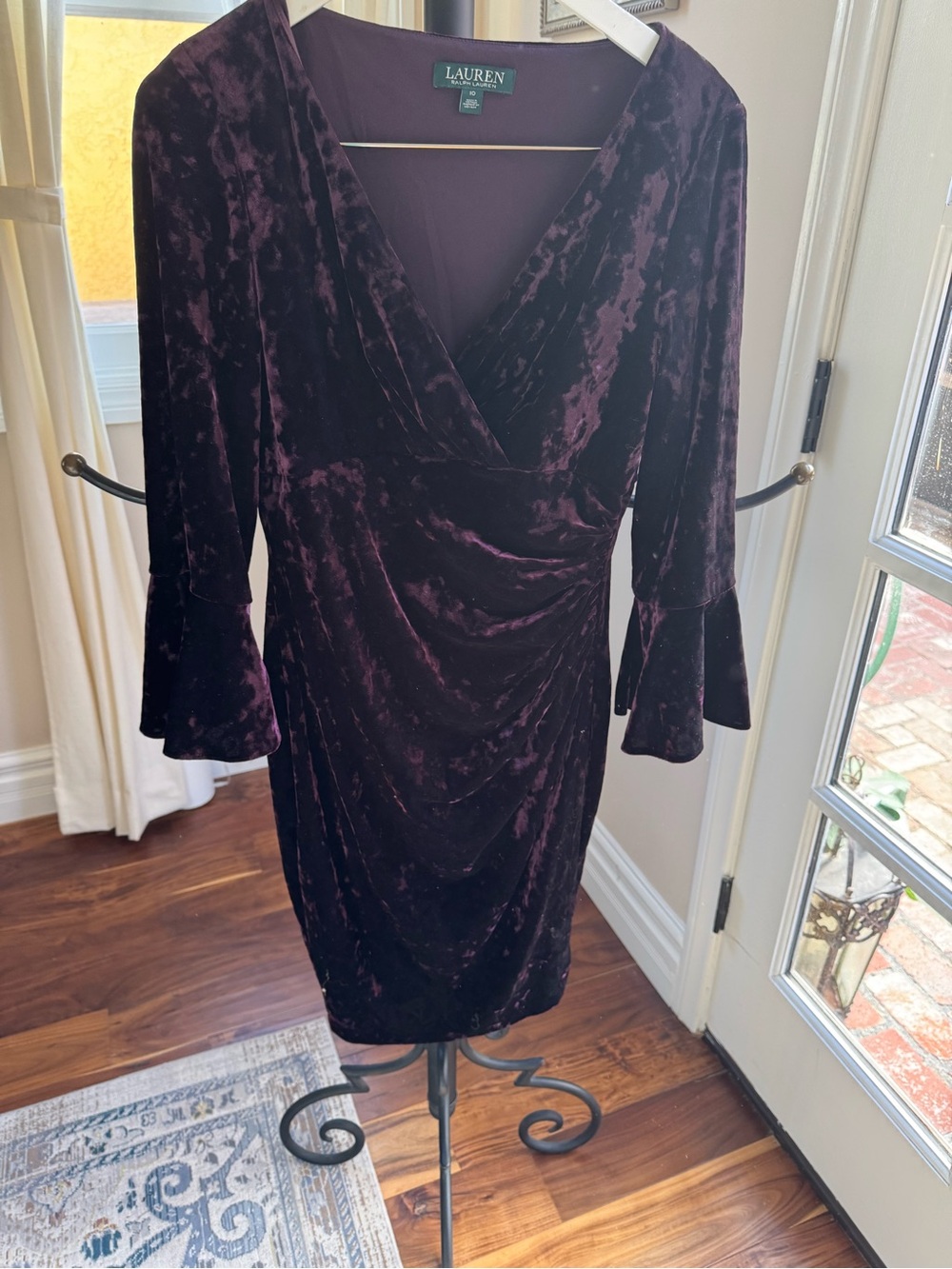 LAUREN Ralph Lauren Woman Plum Velvet Wrap-Style Dress Size 10 Ruffle sleeves